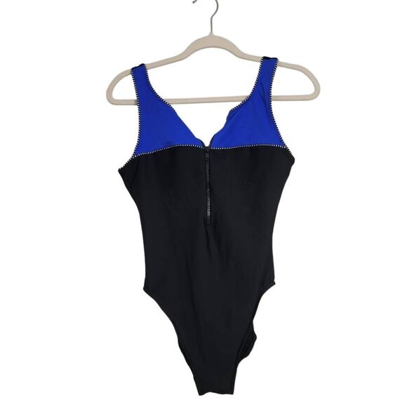 Vtg 90s Miraclesuit One Piece Swimsuit Sz 10 Black Blue Front Zip Bathing Suit - Picture 1 of 7